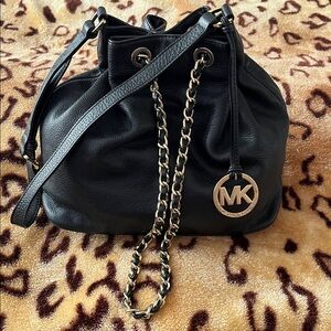Michael Kors Black Pebbled Leather Gold Chain Link MK Bucket Shoulder Bag